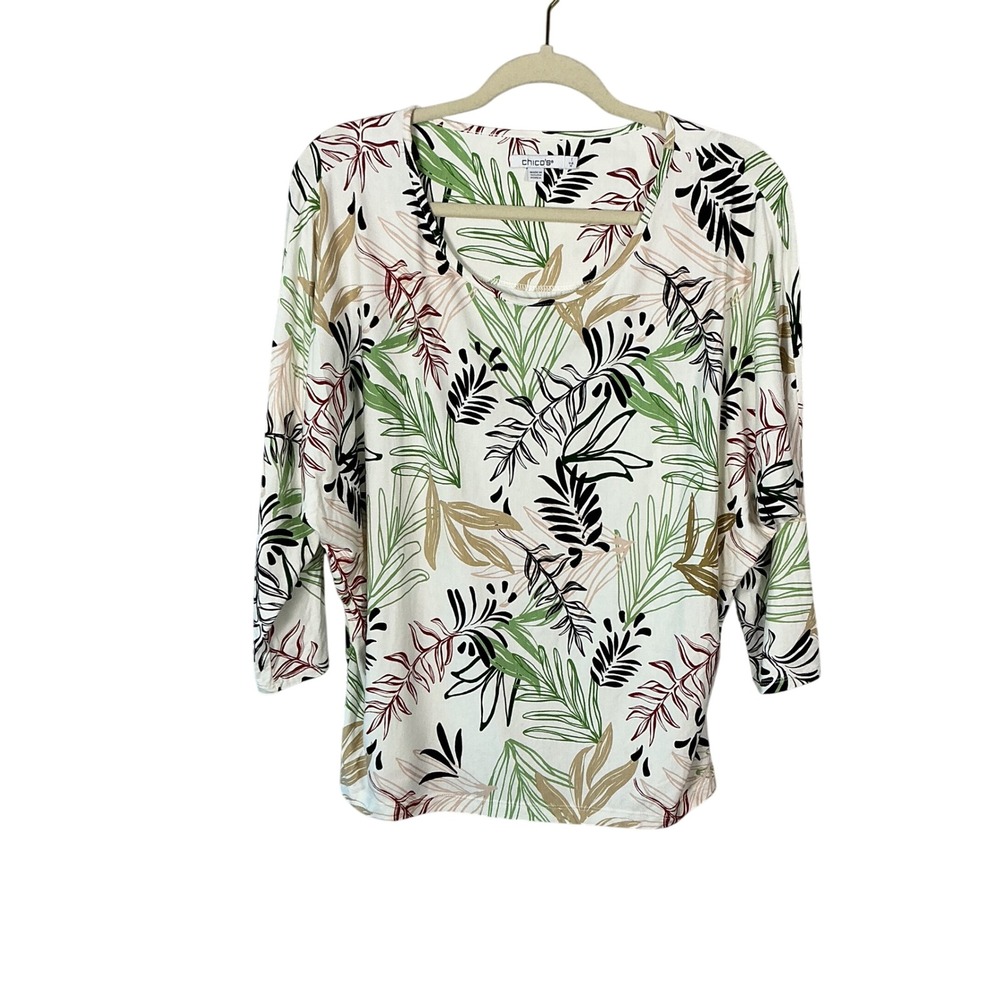 Chicos Tropical Leaf Print Scoop Neck 3/4 Dolman Sleeve Top White Green Size 1 M